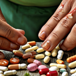 **

Close-up of brittle, splitting nails, emphasizing damage and nutrient deficiency. Focus on texture and visual signs of weakness. Include supplemental elements like pills or vegetables to highlight possible solutions for malnutrition

**