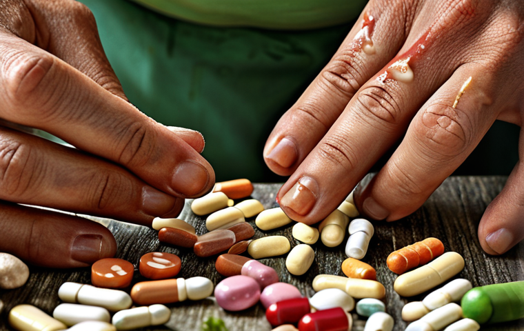**
Close-up of brittle, splitting nails, emphasizing damage and nutrient deficiency. Focus on texture and visual signs of weakness. Include supplemental elements like pills or vegetables to highlight possible solutions for malnutrition
**
